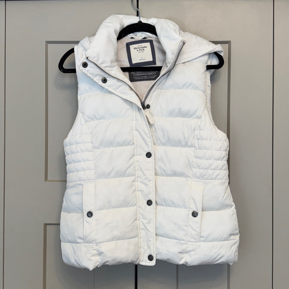 Abercrombie & Fitch White Hooded Puffer Vest | Quilted Vest | Size L
